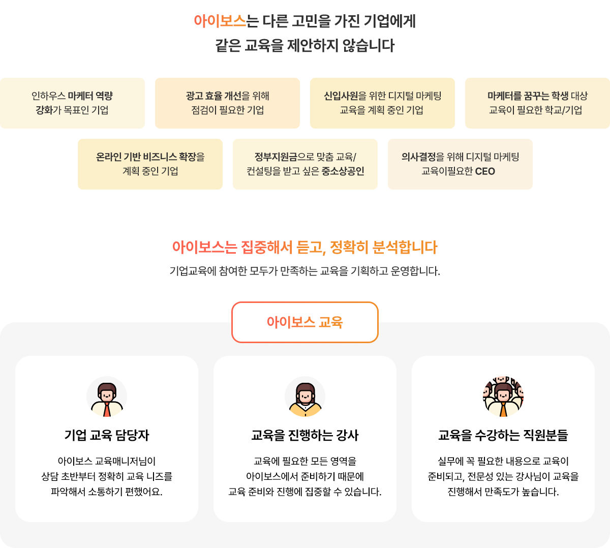 아이보스는 다른 고민을 가진 기업에게 같은 교육을 제안하지 않습니다. 아이보스는 집중해서 듣고, 정확히 분석합니다. 기업 교육 담당자, 교육을 진행하는 강사, 교육을 수강하는 직원분들 모두가 만족하는 교육을 기획하고 운영합니다.
